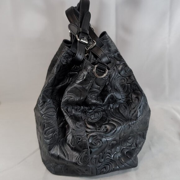 Isadora Italy Tooled Leather Purse Black Large Shoulder Bag Tote Swirls MSRP$425 - Picture 5 of 16
